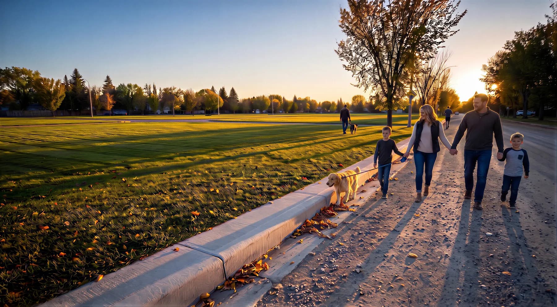 Familia caminando por una calle arbolada del barrio al atardecer