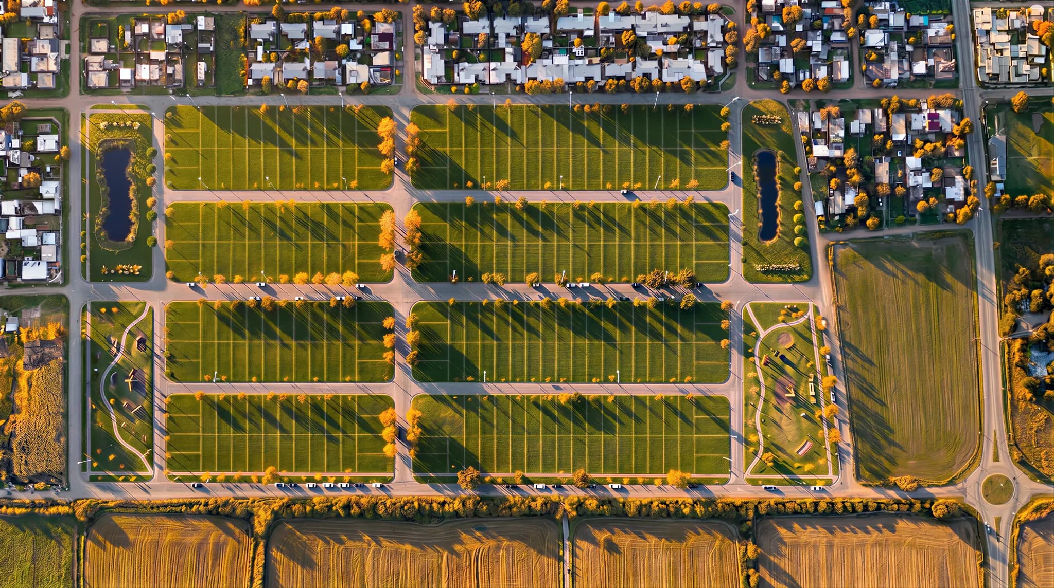 Vista aérea del barrio con sus manzanas, calles y espacios verdes