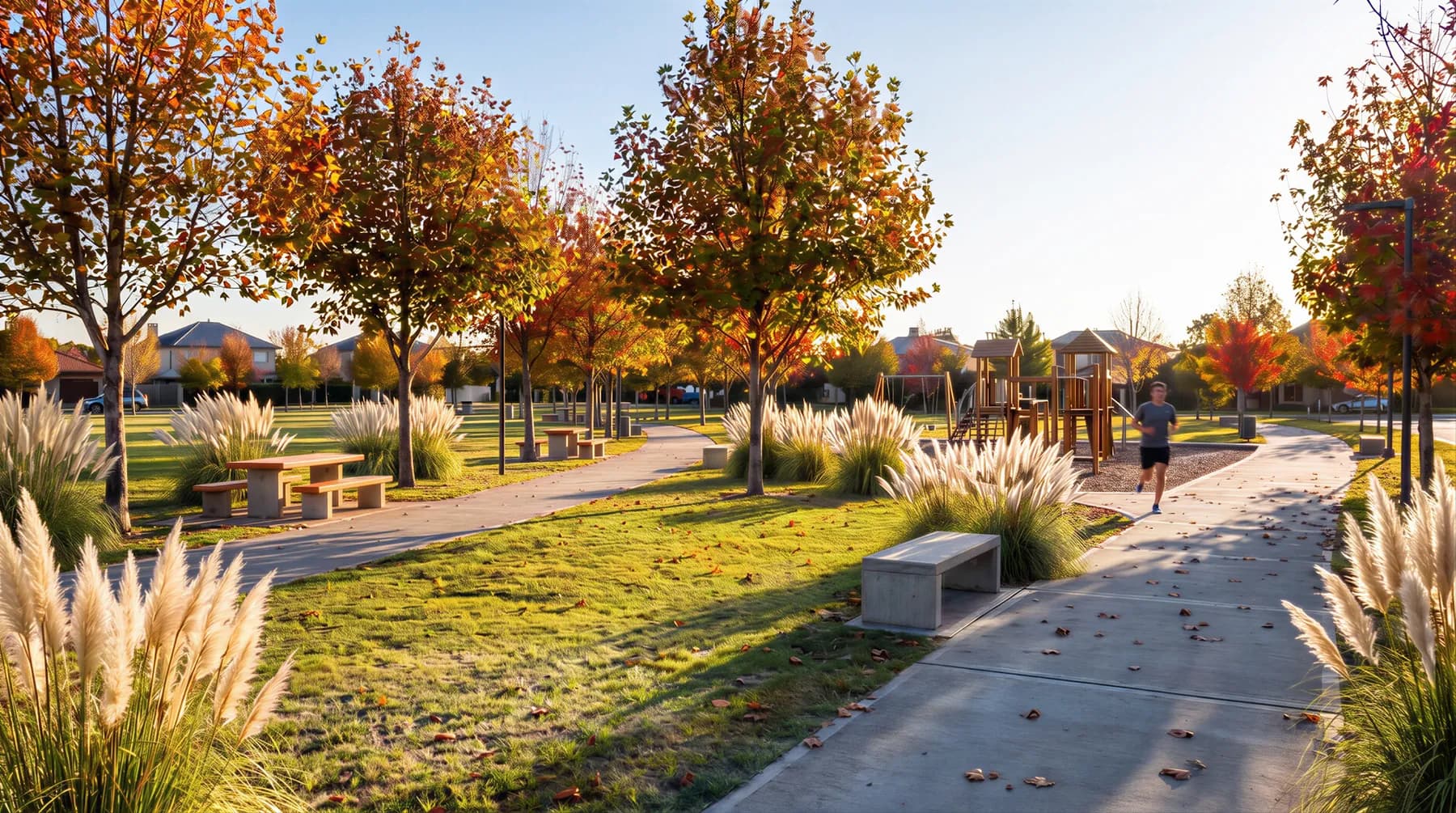 Parque del barrio con juegos infantiles, bancos y forestación