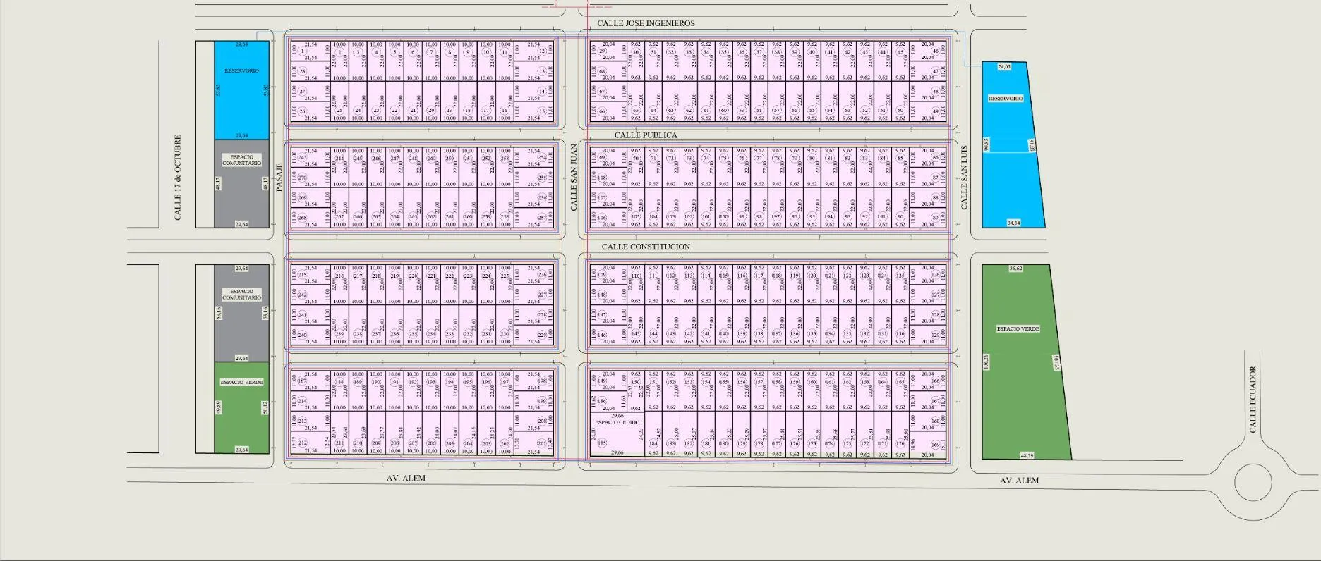 Plano de mensura de La Ribera con los 269 lotes, en Villa Gobernador Gálvez, Santa Fe